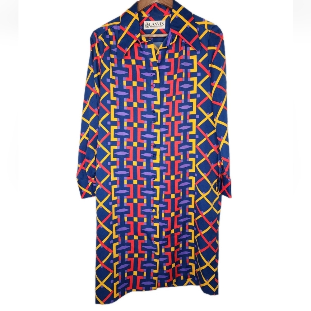 1970s Vintage Lanvin Geo Print Shirt Dress in Navy Size L